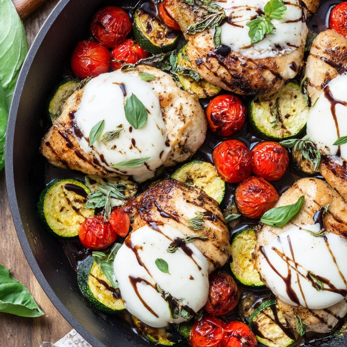 One-pan Caprese Chicken Zucchini Skillet featuring juicy chicken, tender zucchini, and balsamic glaze