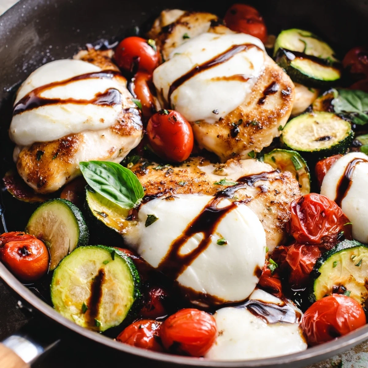 Mediterranean-style Caprese Chicken Zucchini Skillet with cherry tomatoes and creamy melted mozzarella