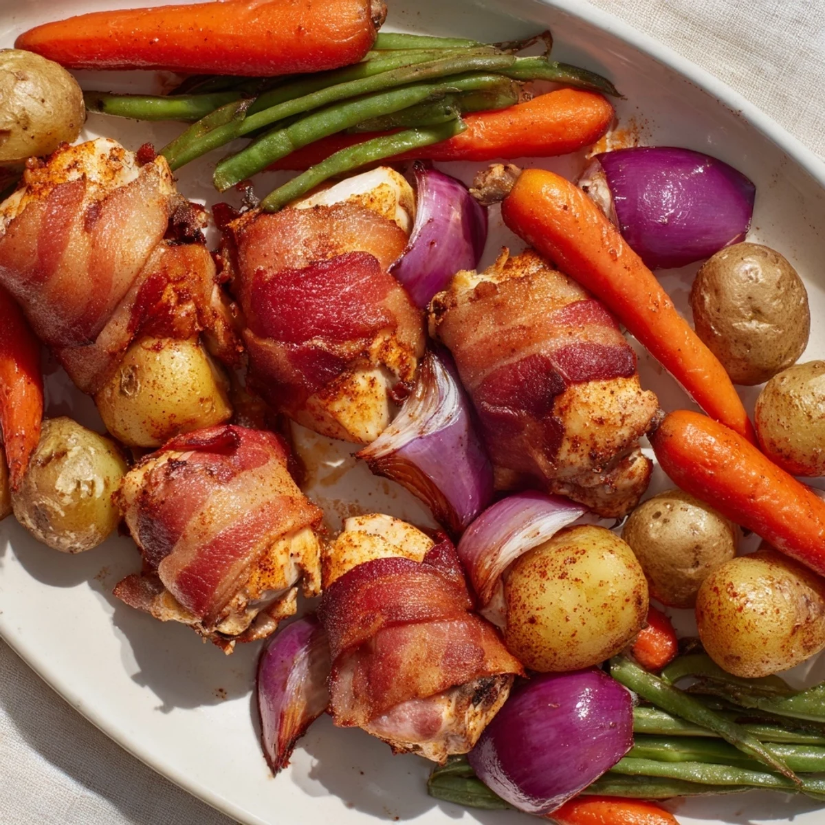 Golden bacon wrapped chicken thighs roasted with colorful vegetables on a large baking sheet
