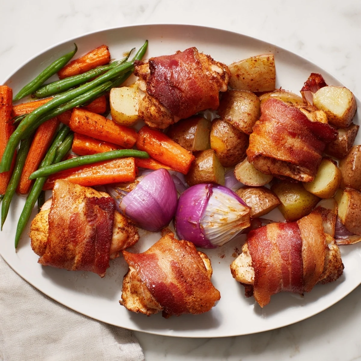 Crispy bacon encrusted chicken thighs nestled among roasted potatoes carrots and green beans