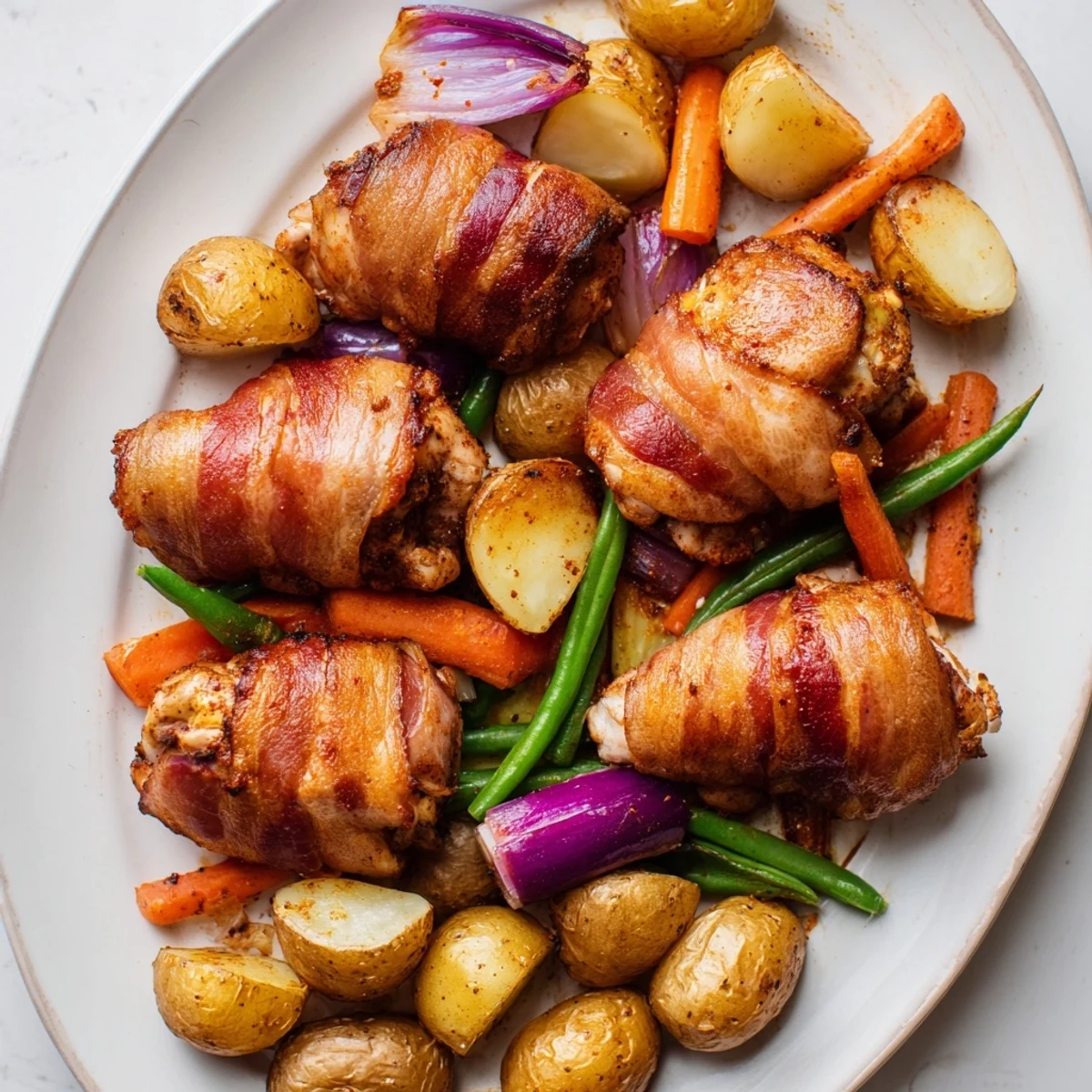 Oven baked bacon wrapped chicken thighs arranged over seasoned root vegetables on parchment paper