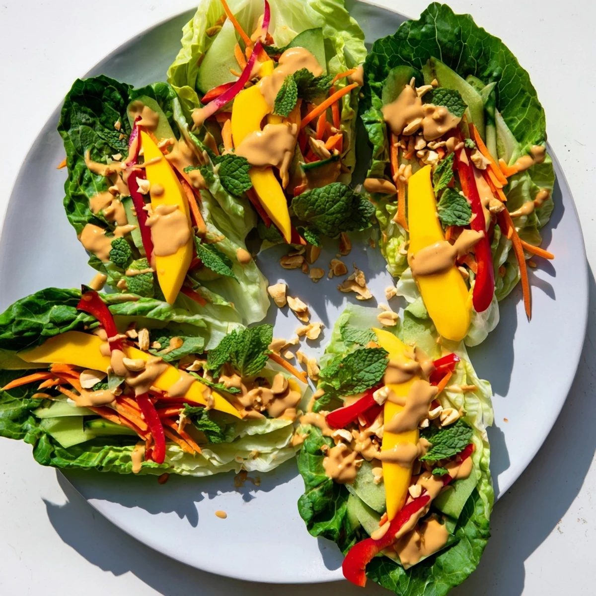 Colorful Thai mango cabbage wraps filled with fresh vegetables and drizzled with creamy peanut sauce on a white plate