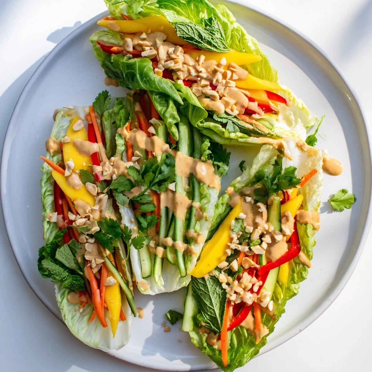 Fresh green cabbage leaves rolled with sweet mango strips, crisp vegetables, and herbs topped with tangy peanut dressing
