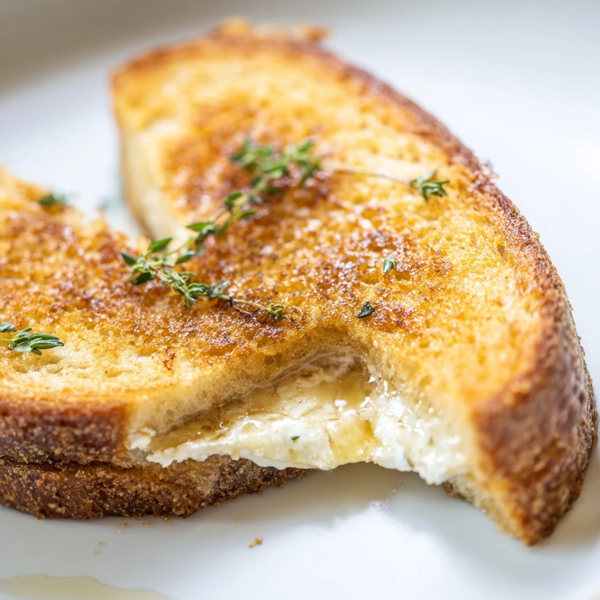 Golden goat cheese and honey grilled cheese sandwich on rustic sourdough bread with melty cheese layers