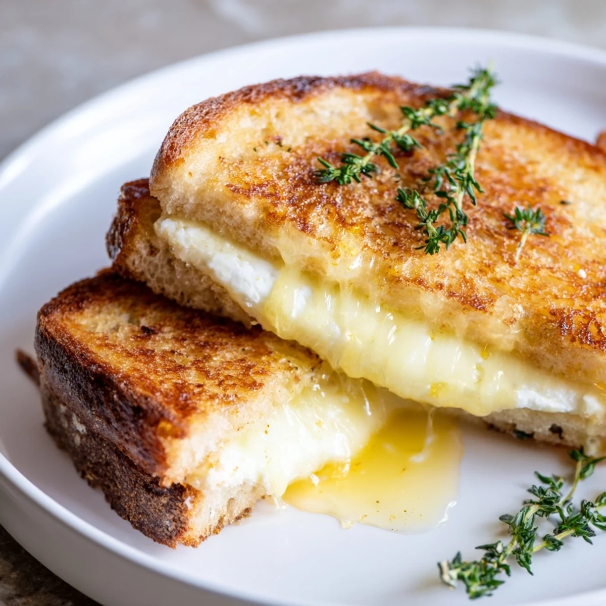 Crispy grilled goat cheese sandwich drizzled with sweet honey and sliced diagonally on a wooden board