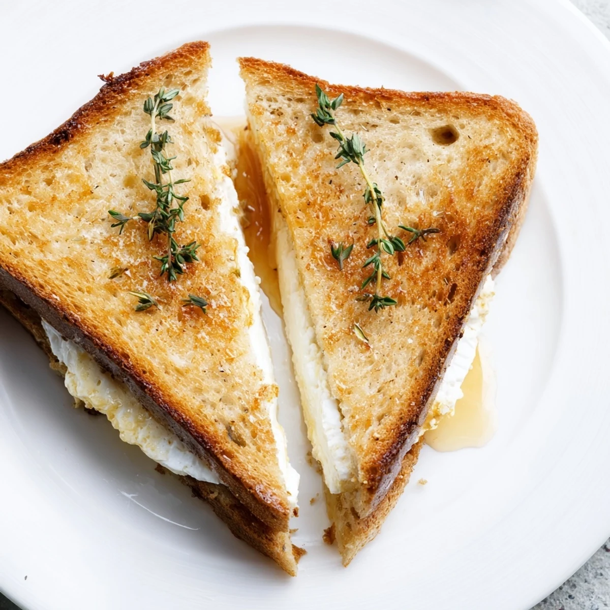 Gourmet honey goat cheese grilled cheese toast with golden brown crust and creamy interior visible