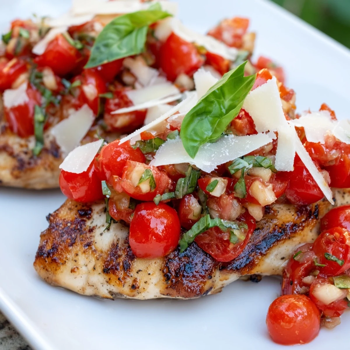 Golden grilled chicken breast piled high with fresh tomato basil bruschetta topping
