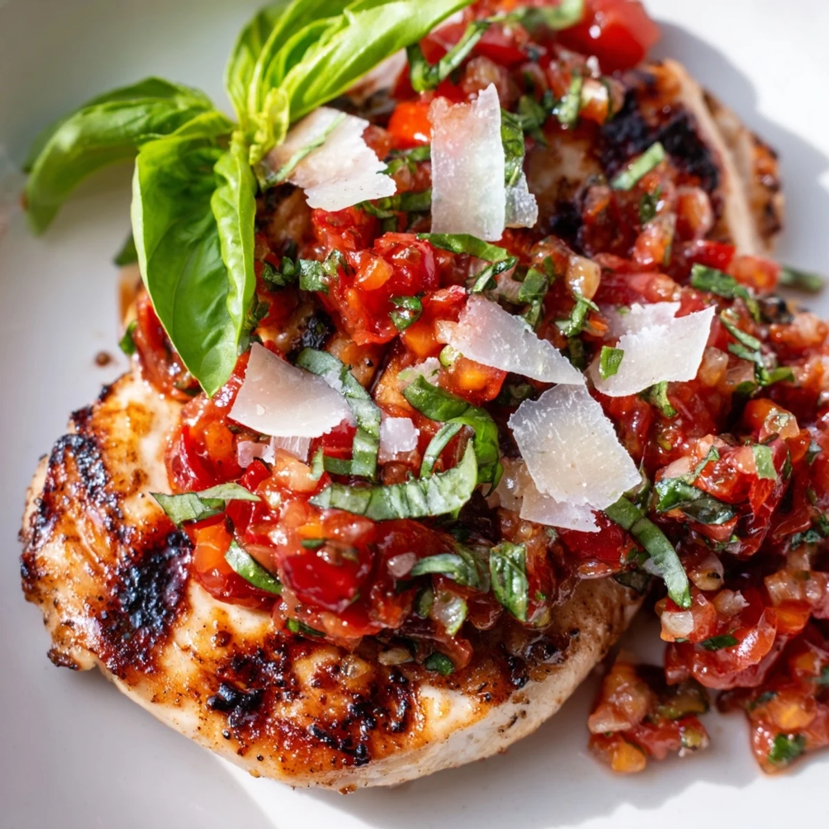 Juicy Bruschetta Chicken served on white plate with diced cherry tomatoes and basil