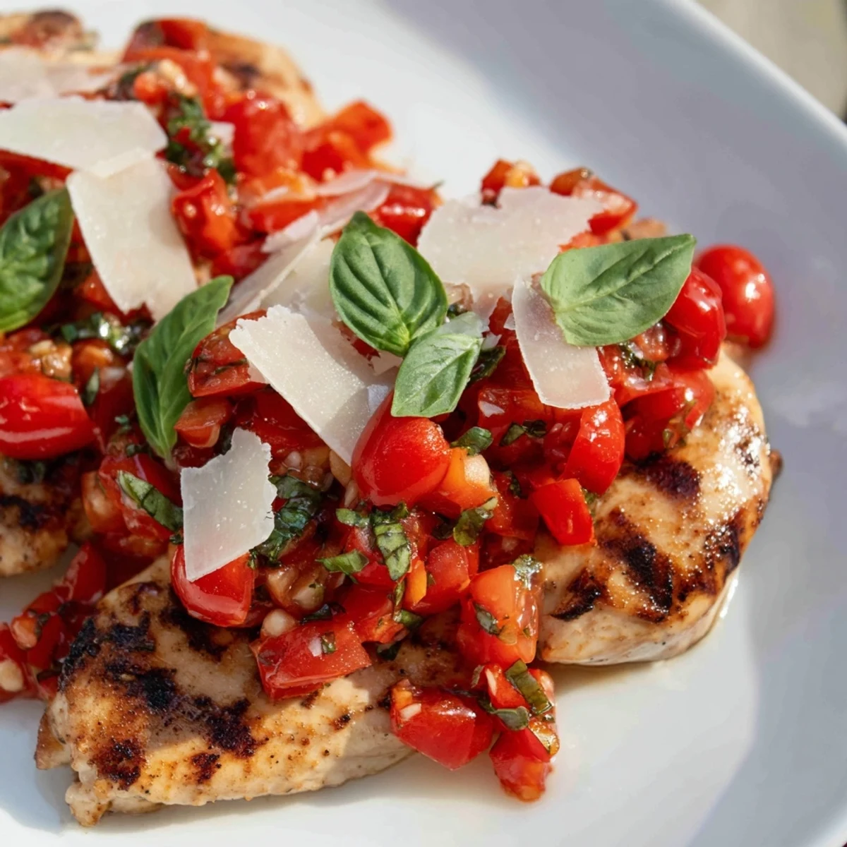 Italian-style grilled chicken topped with colorful bruschetta mixture and shaved Parmesan cheese