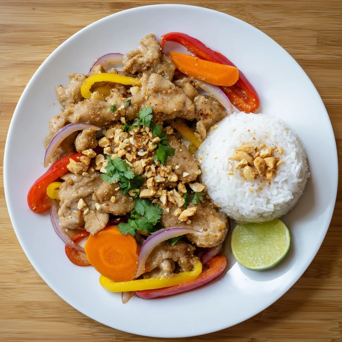 Slow cooker peanut chicken with tender chunks coated in rich creamy peanut sauce alongside colorful bell peppers and onions