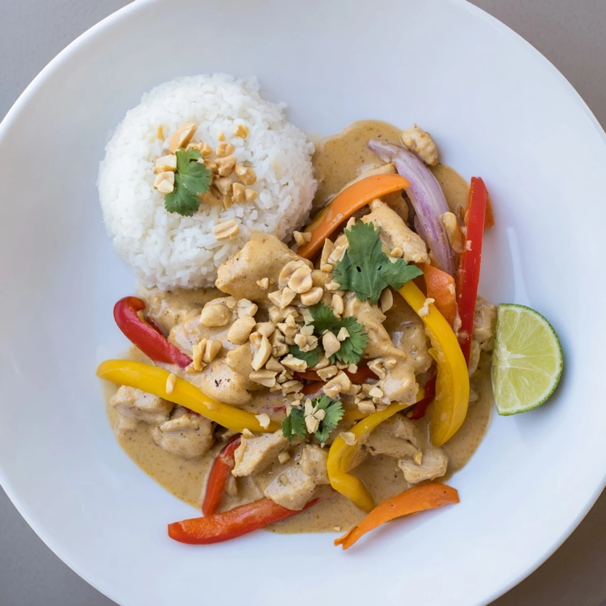 Savory slow cooker peanut chicken served over steamed jasmine rice with chopped roasted peanuts and fresh cilantro garnish