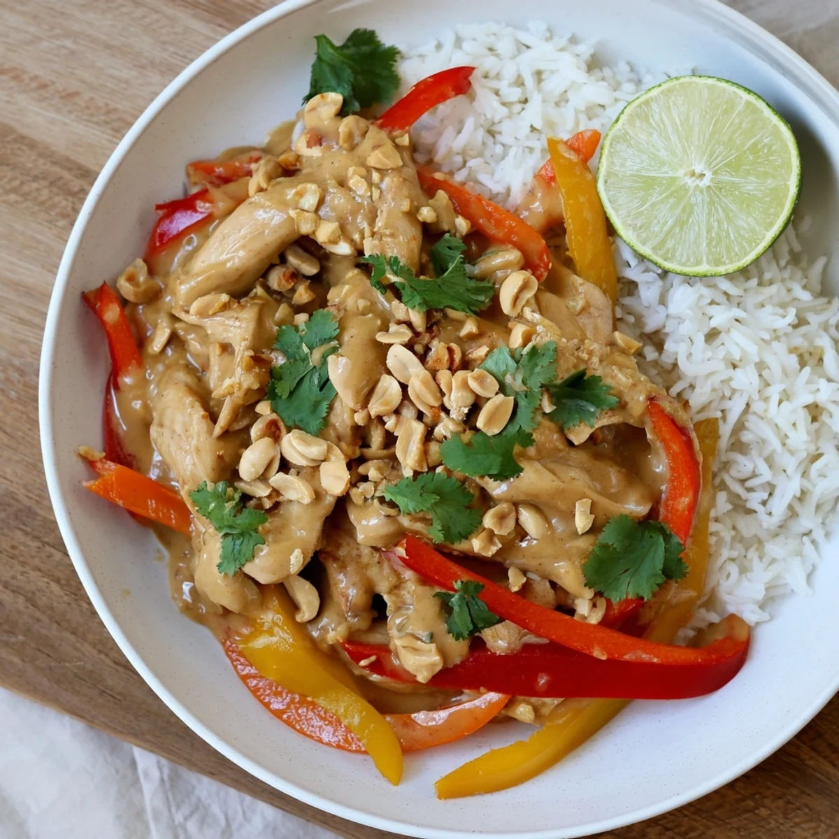 Glorious slow cooker peanut chicken featuring shredded meat in a luscious spiced peanut butter sauce with vibrant vegetables