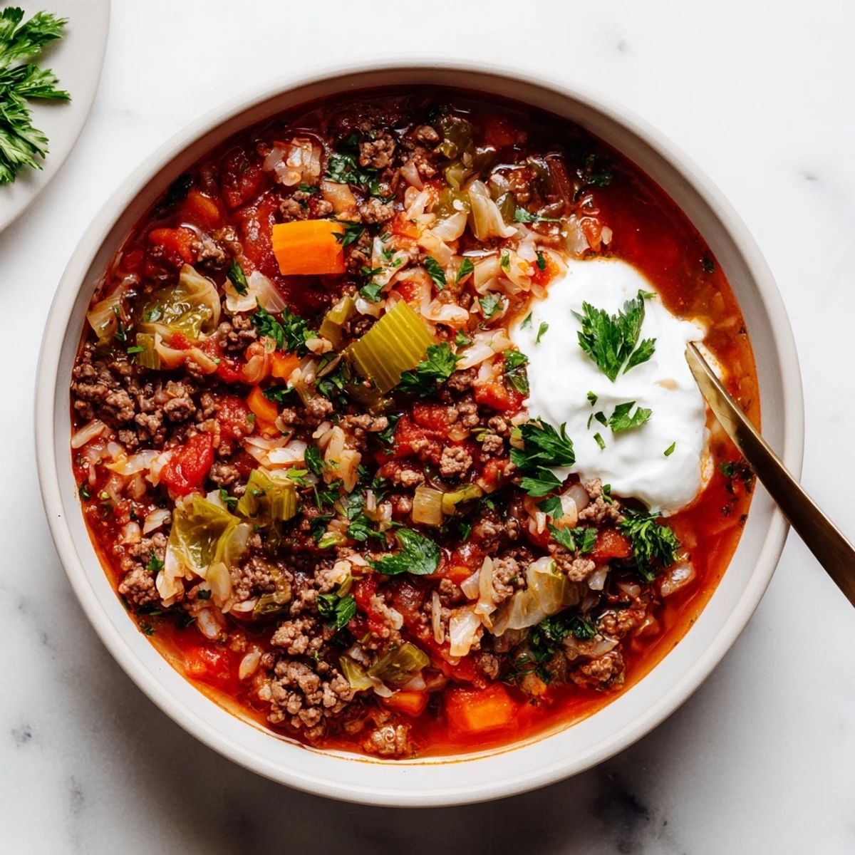 Steaming bowl of unstuffed cabbage roll soup with tender beef, rice, and vegetables in rich tomato broth garnished with fresh parsley
