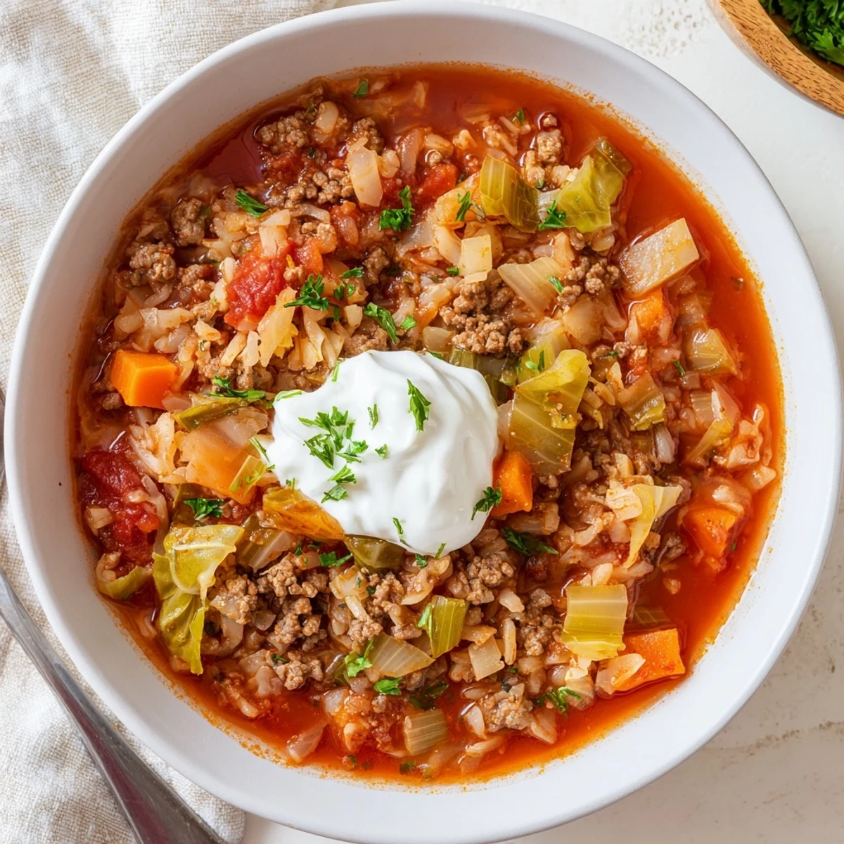 Hearty unstuffed cabbage roll soup featuring ground beef, cabbage, carrots, and rice simmered in savory tomato broth