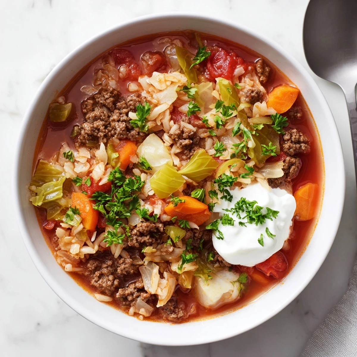 Comforting unstuffed cabbage roll soup filled with beef, cabbage, and rice in a thick, flavorful tomato base with sour cream topping