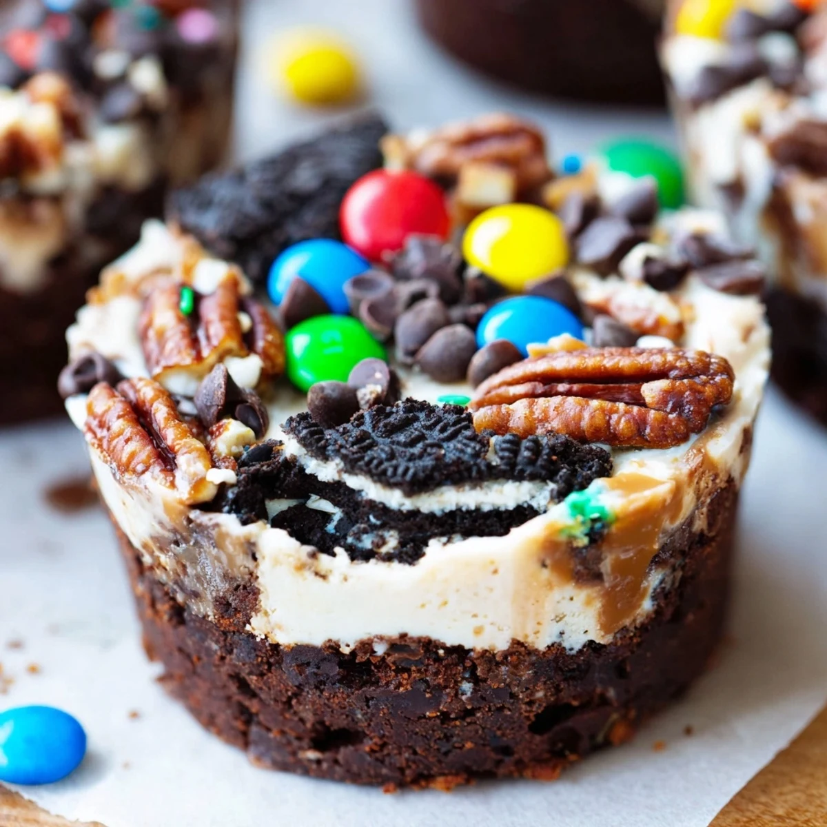 Decadent loaded brownie cheesecake cups with smooth cream cheese filling and crunchy pecans