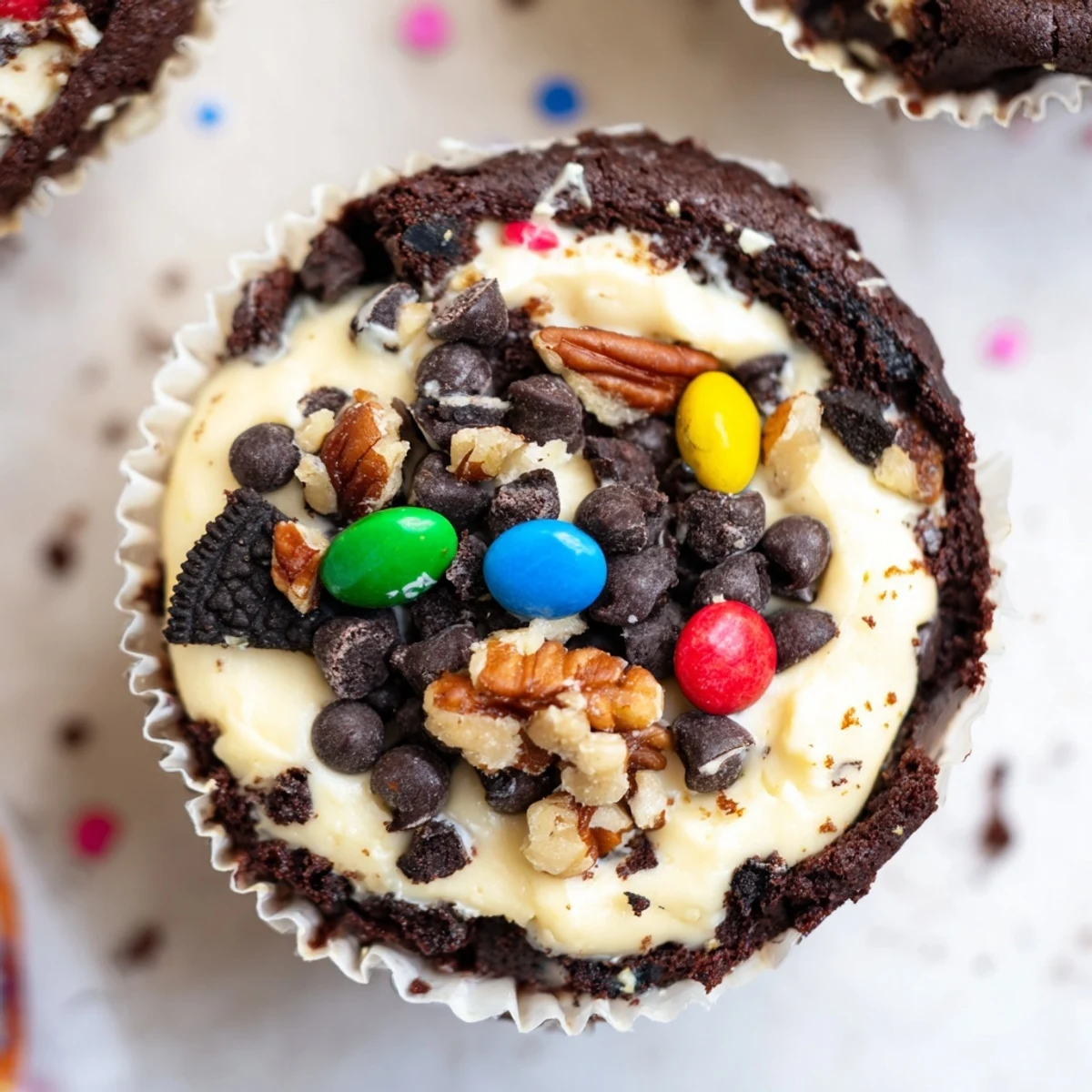 Individual loaded brownie cheesecake cups featuring Oreo crumbles and mini chocolate chip sprinkles