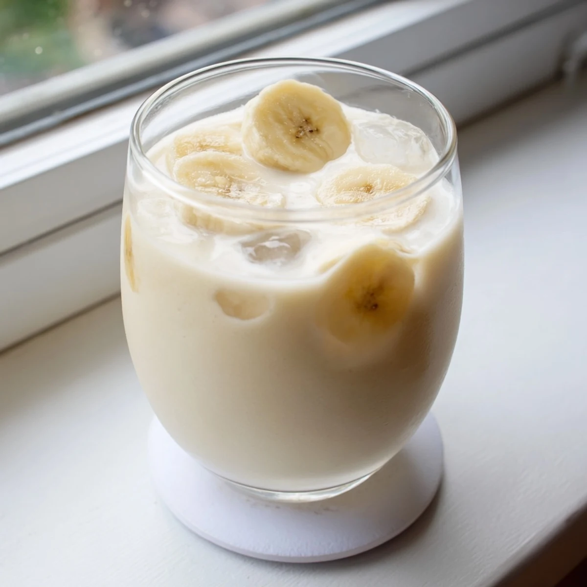 Creamy Greek yogurt banana smoothie poured into a glass topped with fresh banana slices