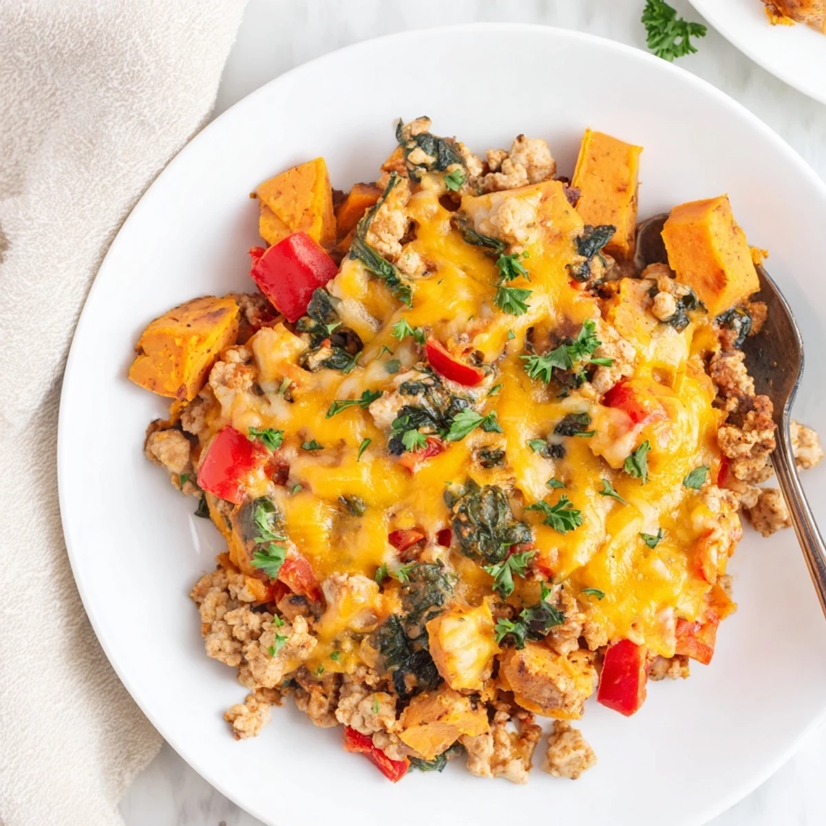 Hearty casserole dish featuring seasoned turkey layered with tender orange sweet potatoes in baking pan