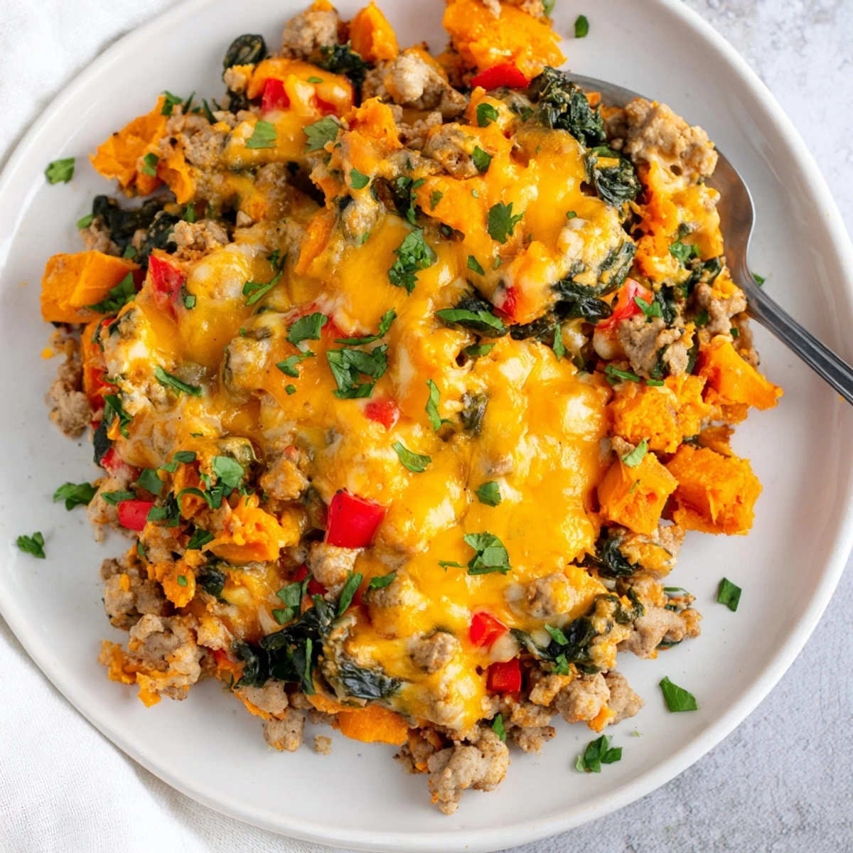 Golden ground turkey sweet potato bake bubbling with melted cheddar and fresh parsley garnish