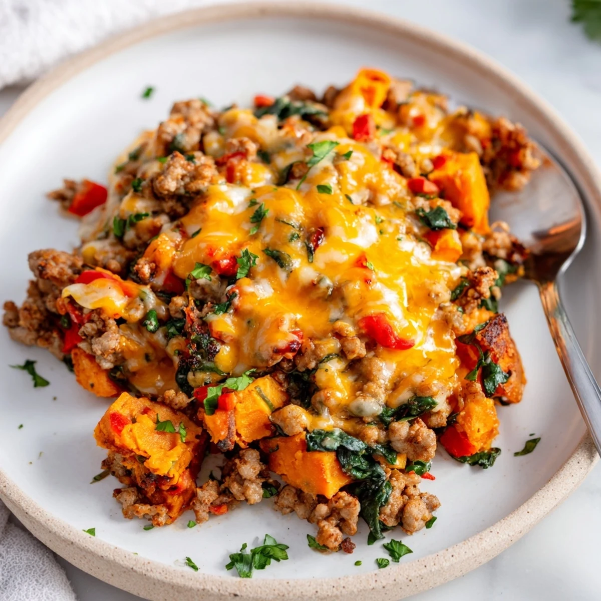 Comforting gluten-free sweet potato turkey casserole fresh from the oven with savory vegetable filling