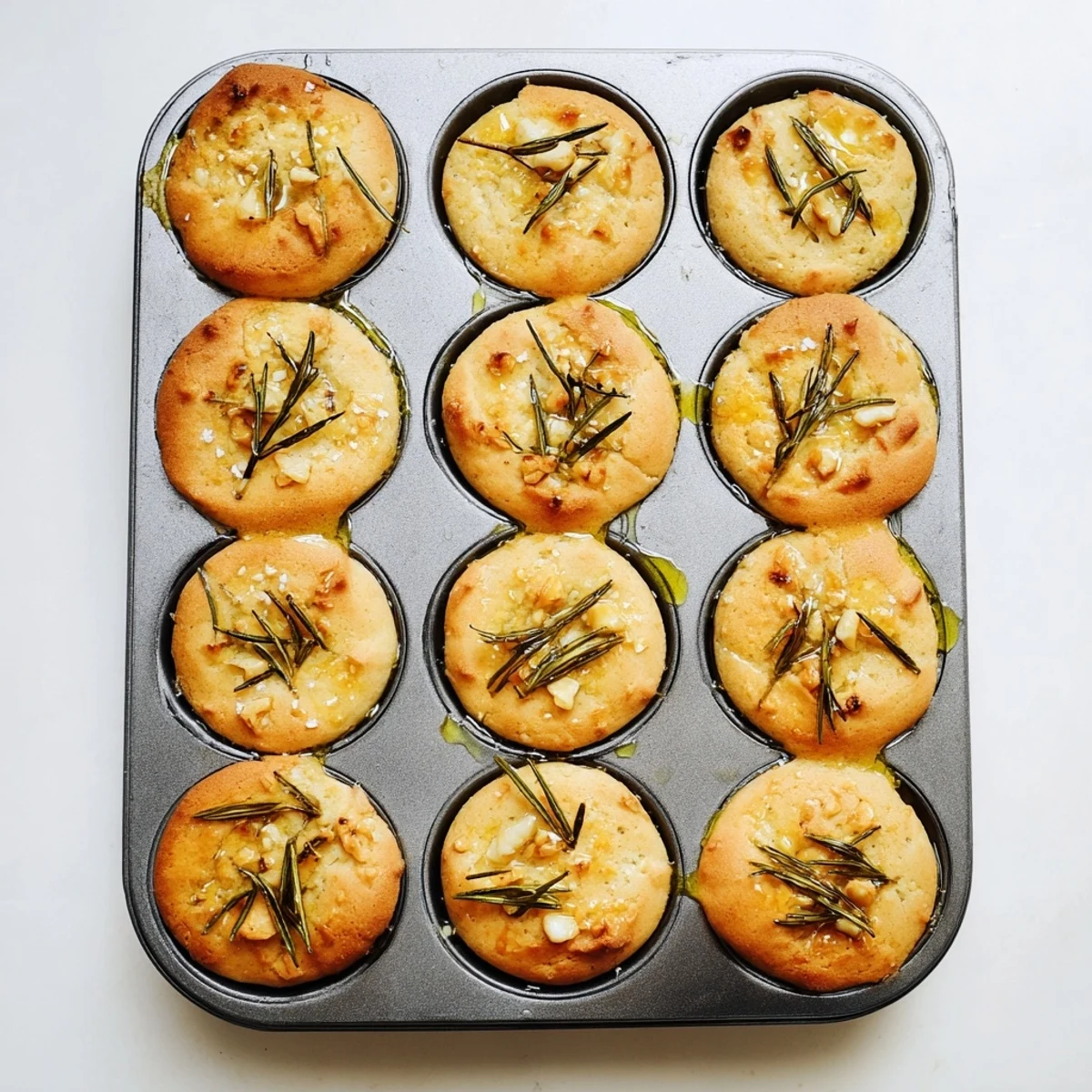 Fresh rosemary and garlic studded savory muffins arranged on a wire cooling rack