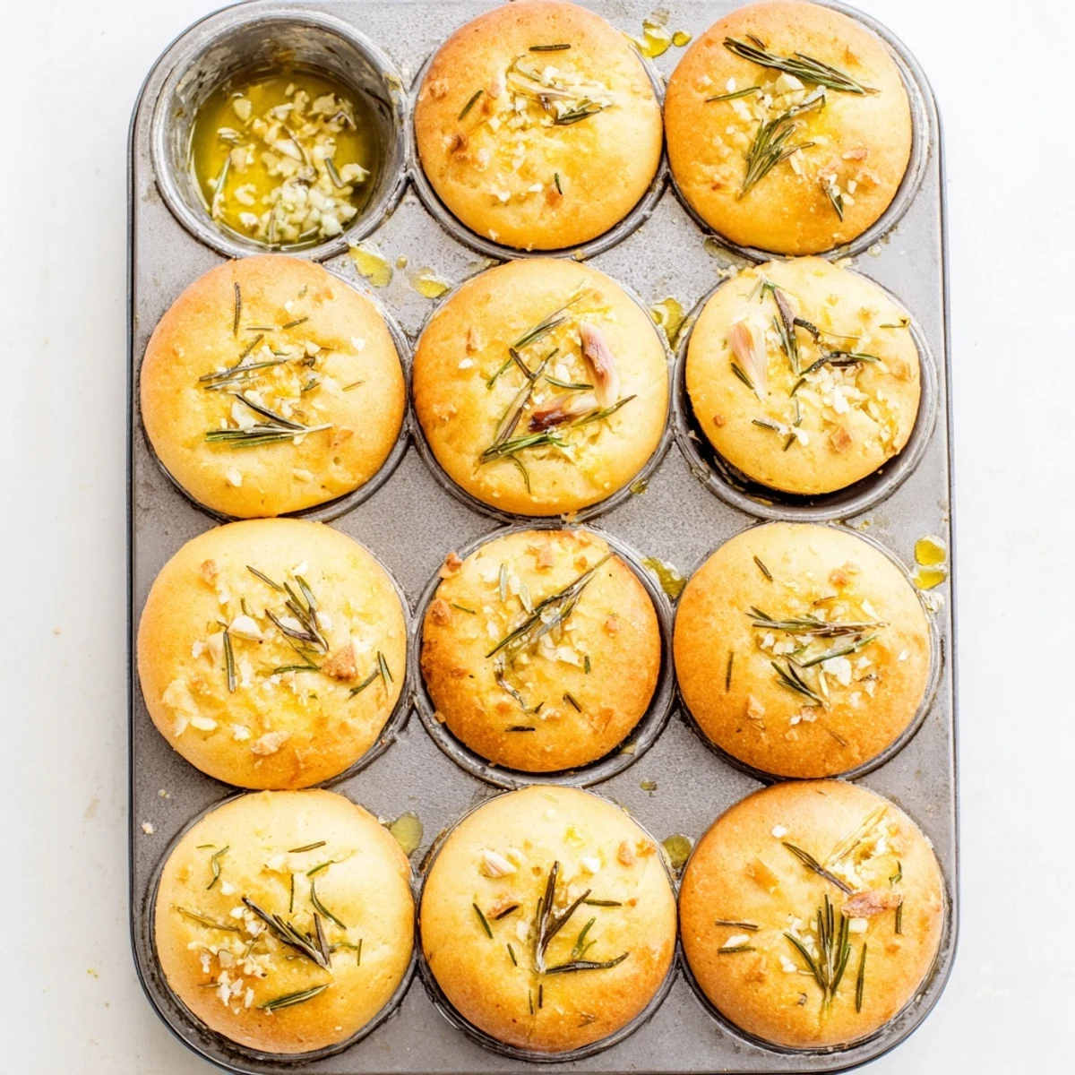 Golden brown garlic rosemary focaccia muffins sprinkled with sea salt on a rustic wooden board