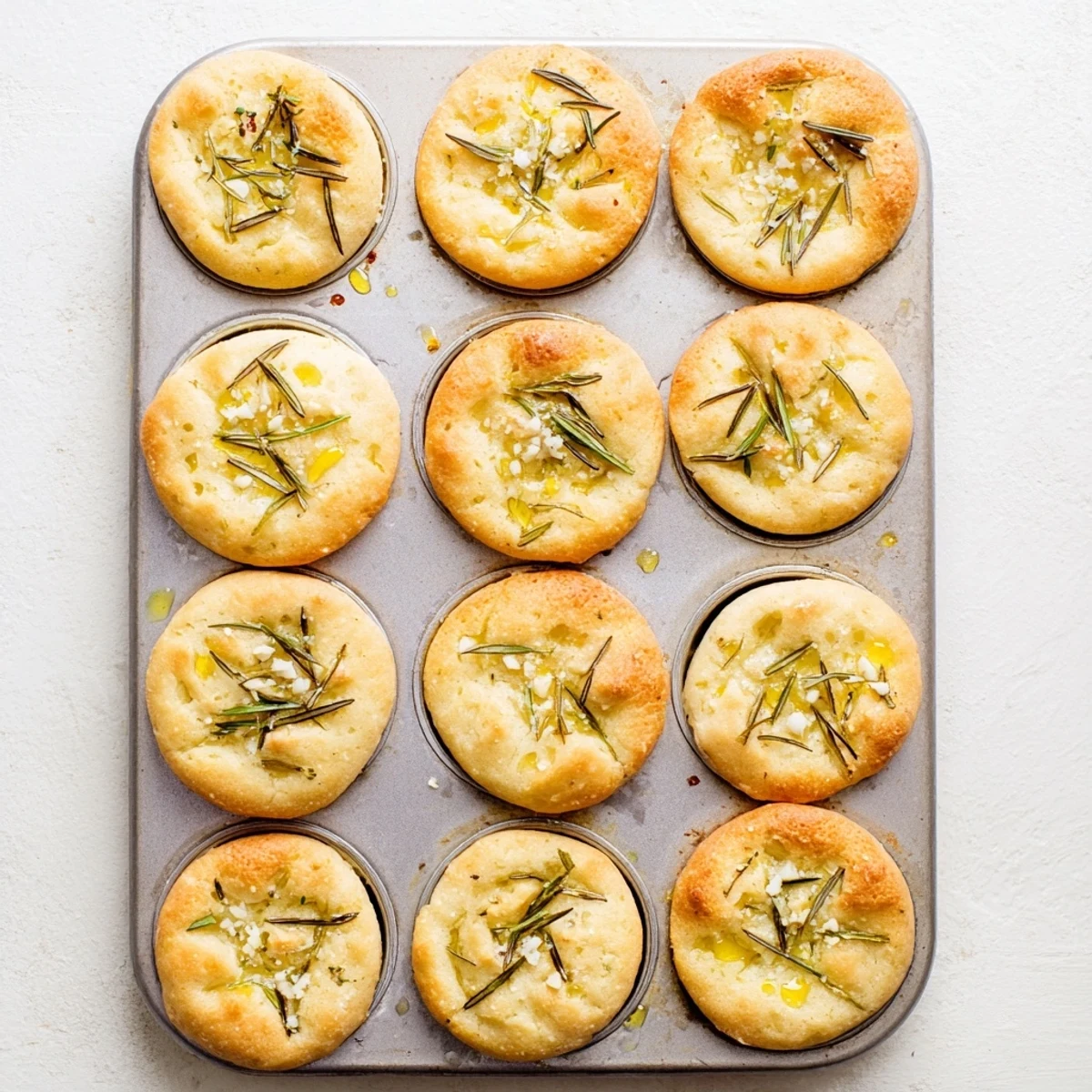 Olive oil brushed Italian focaccia muffins topped with rosemary and flaky sea salt