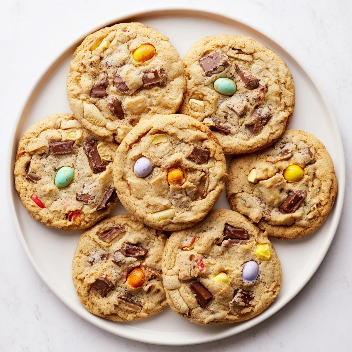 Golden mini egg cookies studded with colorful chocolate candies on a white plate