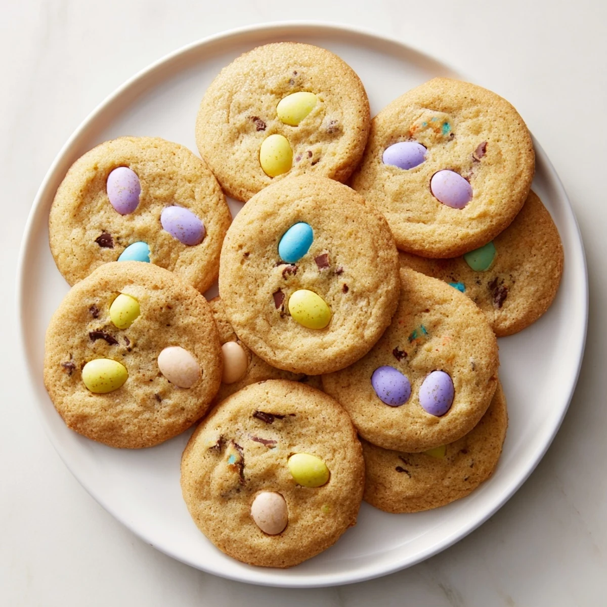 Chewy buttery mini egg cookies with pastel candy pieces fresh from the oven