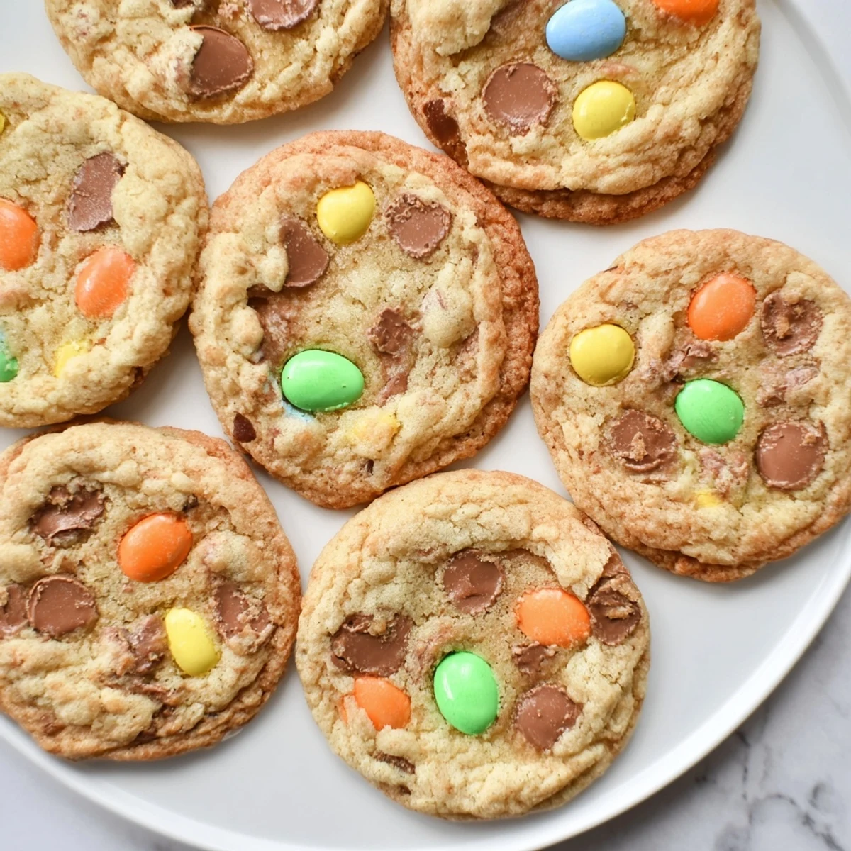 Stack of homemade mini egg cookies topped with crushed chocolate eggs for spring baking