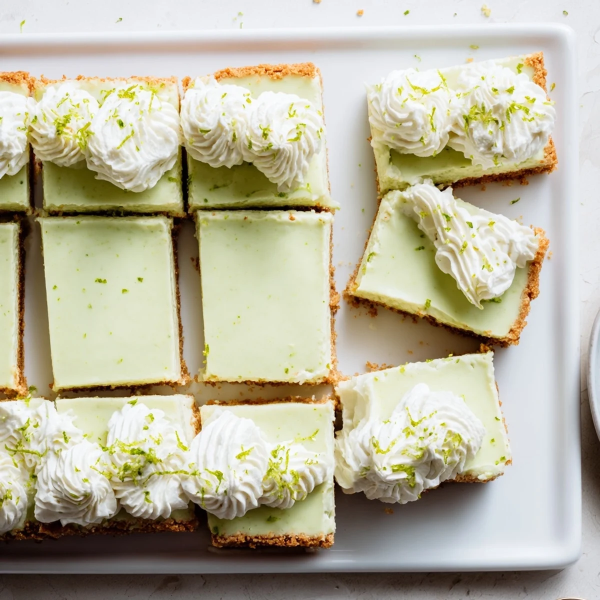 Creamy key lime pie bars sliced into squares with whipped cream topping on white serving plate