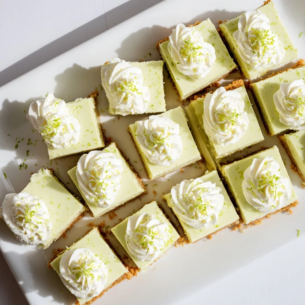 Homemade key lime pie bars displayed on wooden board with green lime wedges and powdered dusting