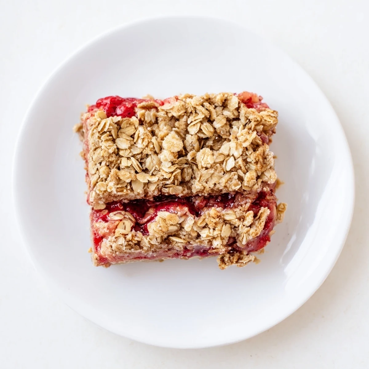 Golden oat crumble bars layered with sweet red strawberry filling baked to perfection