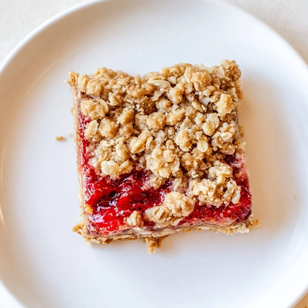 Buttery strawberry oatmeal crumble bars sliced into squares with bubbling fruit center