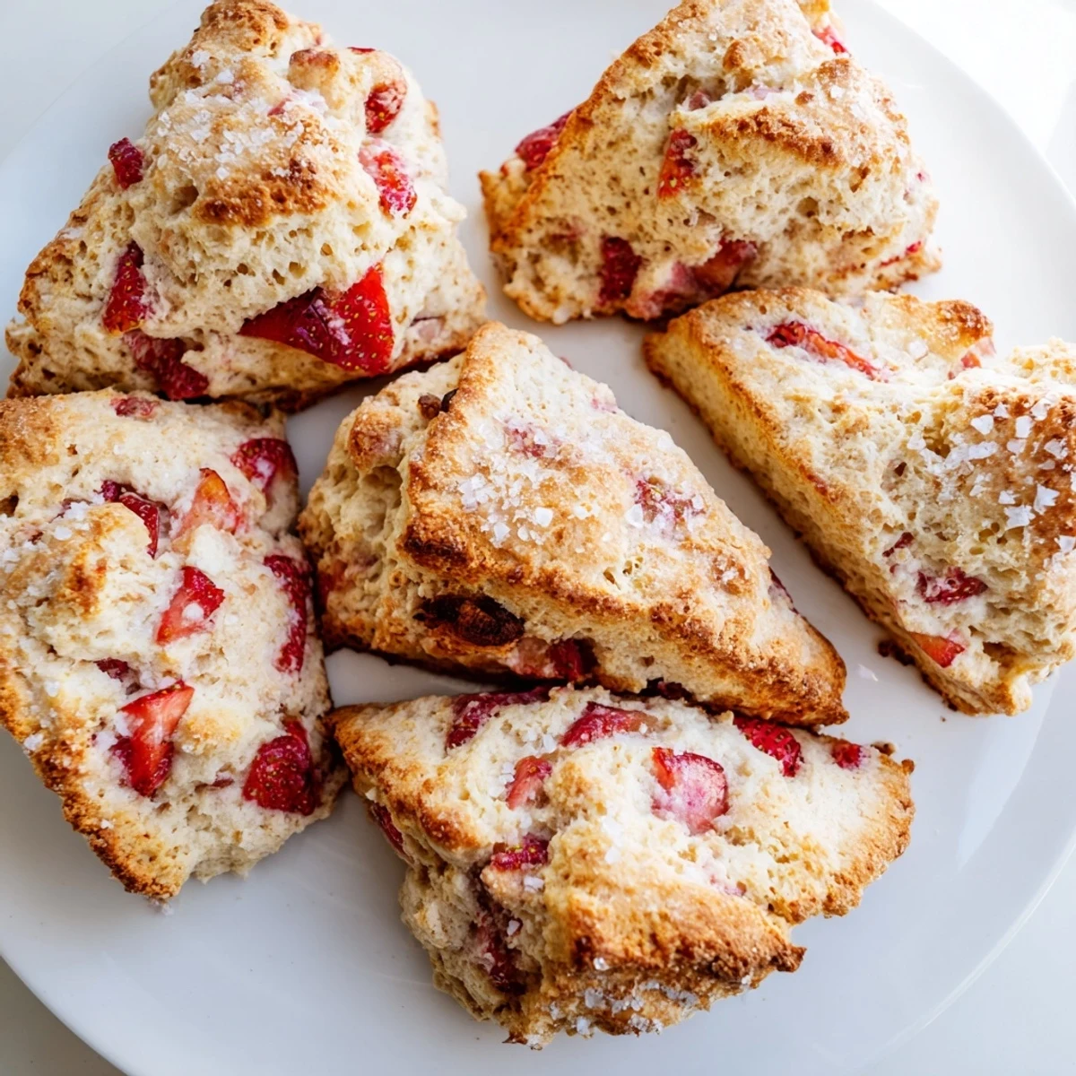 Golden brown strawberry scones brushed with cream and sprinkled with coarse sugar on a parchment-lined baking sheet