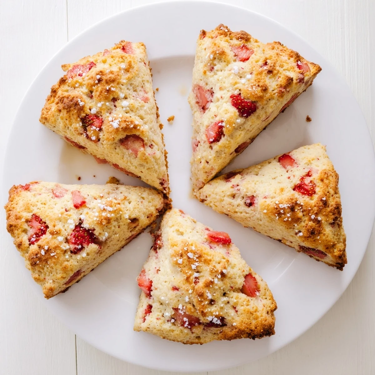Tender strawberry scones cut into eight triangular wedges with juicy diced berries baked inside the golden crust