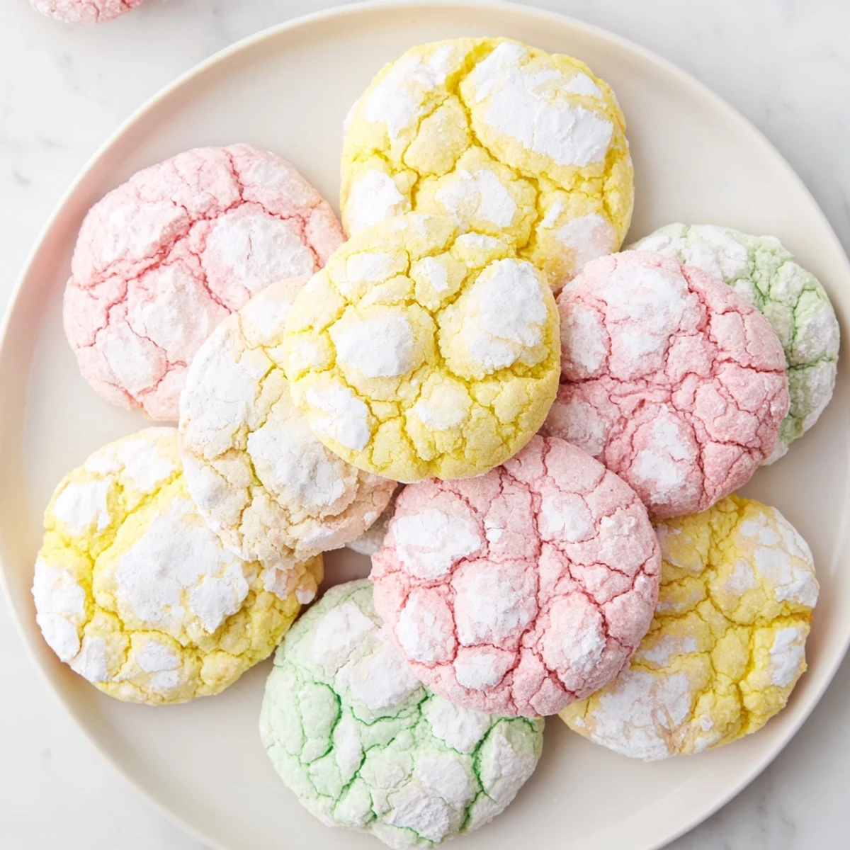 Colorful springtime crinkle cookies in pink yellow and blue with sweet crinkled texture