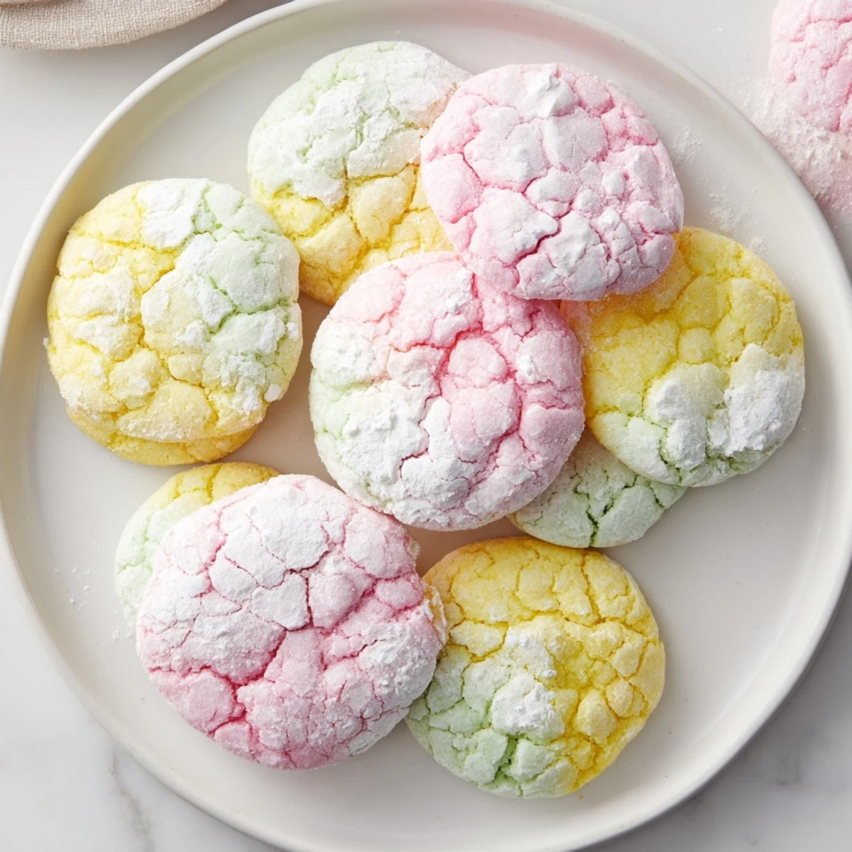 Soft pastel springtime crinkle cookies with white powdered sugar crackled coating on white plate