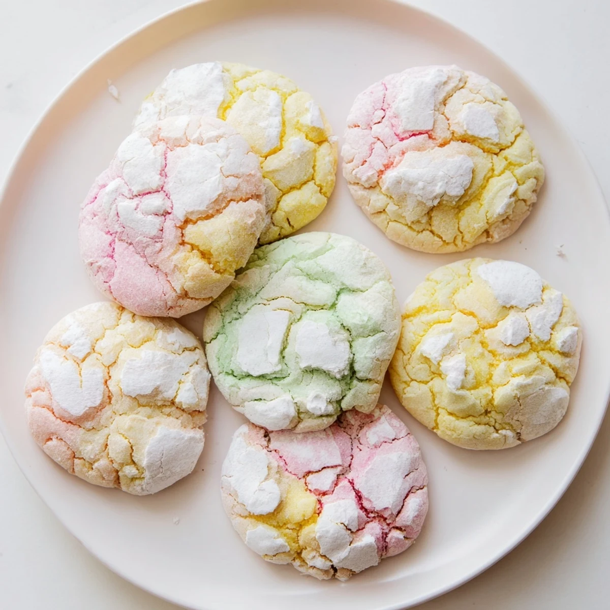 Baked springtime crinkle cookies displayed on cooling rack with crackled powdered sugar tops