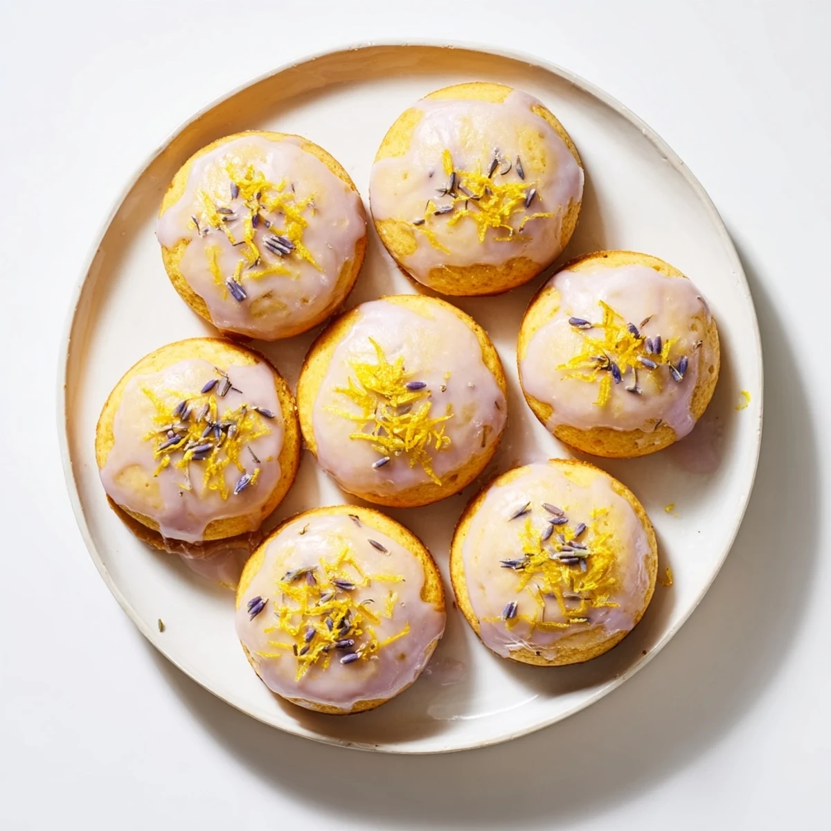 Zesty mini lemon cakes with sweet floral lavender icing served for afternoon tea treats