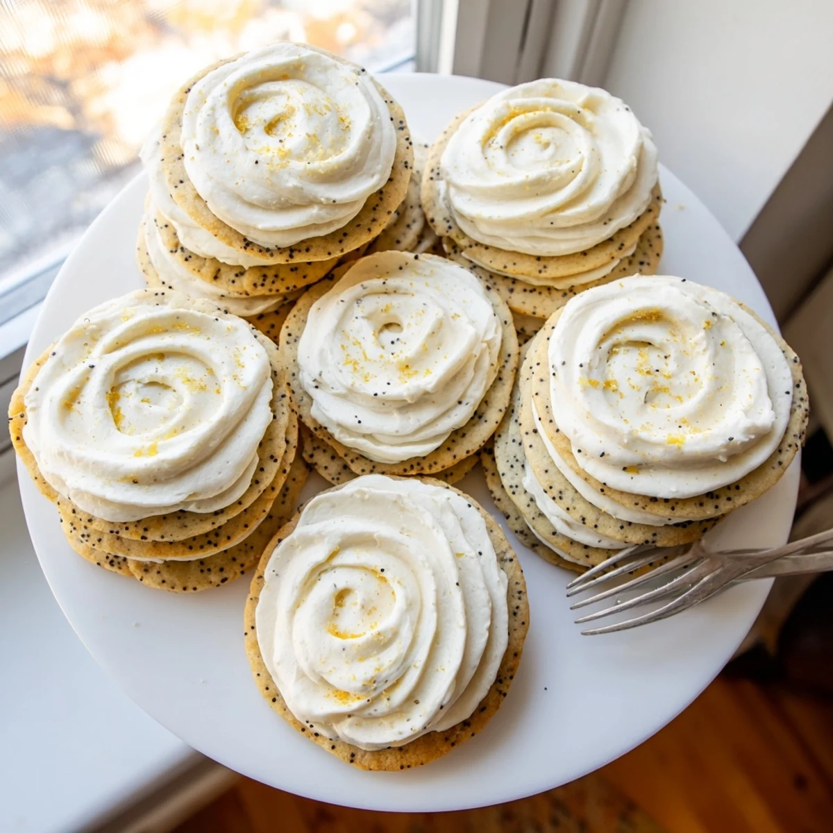 Golden lemon poppy seed cookies with cheesecake frosting piped high on a cooling rack