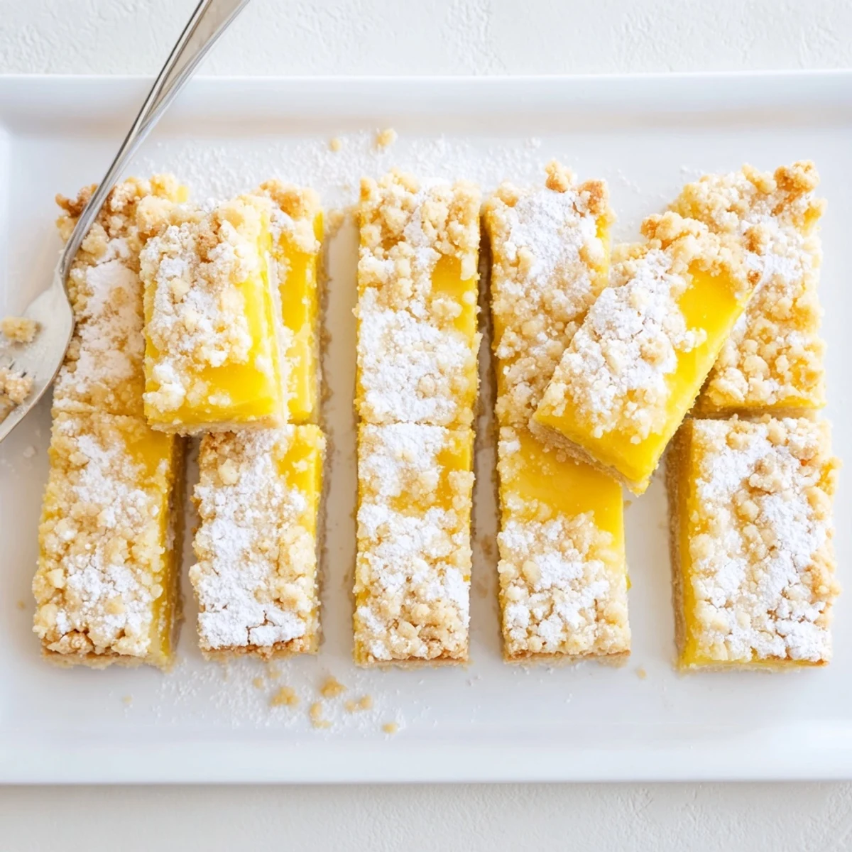 Golden lemon crumb bars with bright citrus filling between buttery oat-textured layers, dusted with powdered sugar on a white serving plate