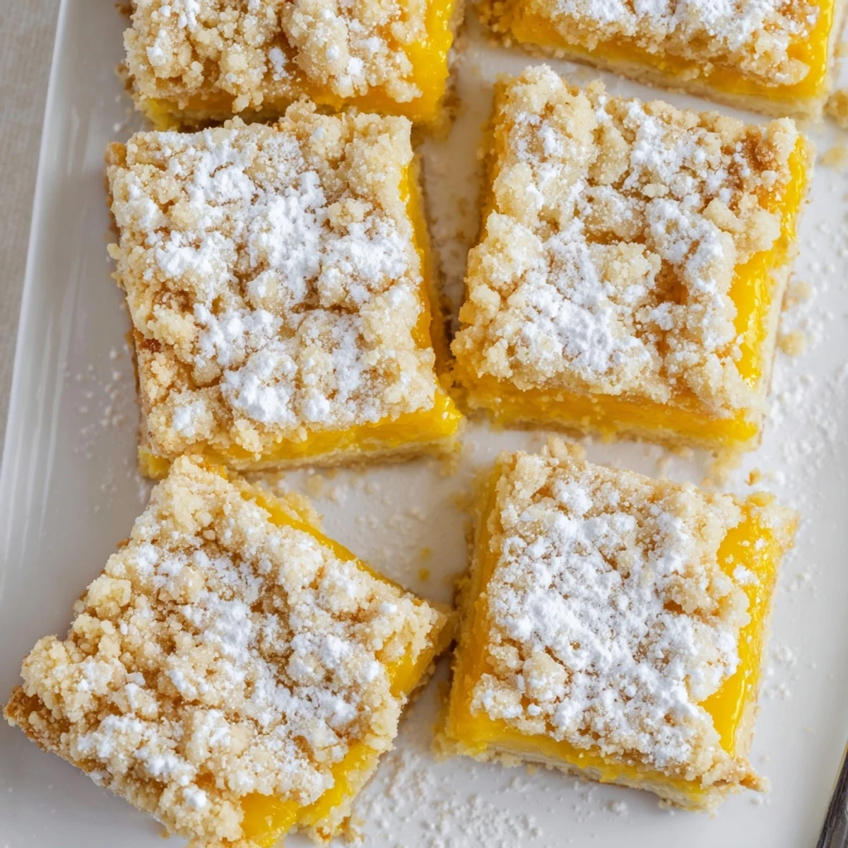 Baked lemon crumb bars cut into squares showcasing tangy yellow filling peeking through golden brown buttery crumb topping