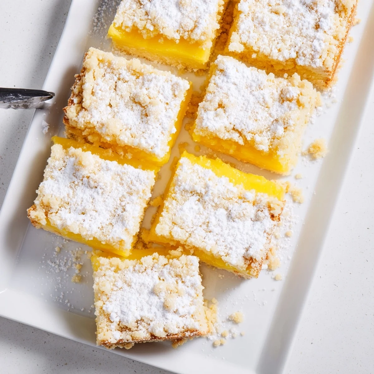 Fresh lemon crumb bars on a wooden cutting board, the zesty citrus layered dessert topped with sweet crumbs and light sugar dusting
