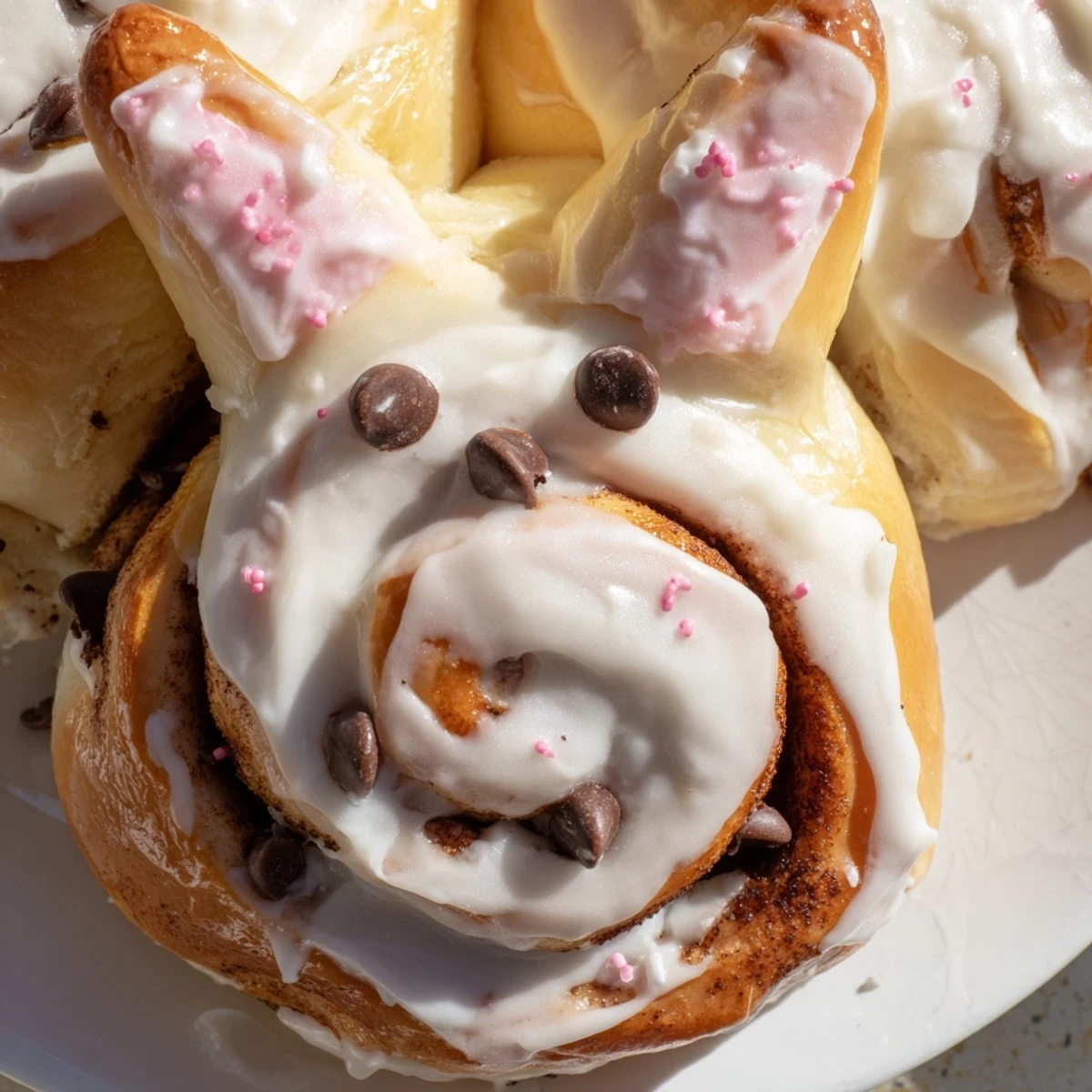 Golden brown Easter Bunny cinnamon rolls with fluffy ears and sweet vanilla icing drizzle