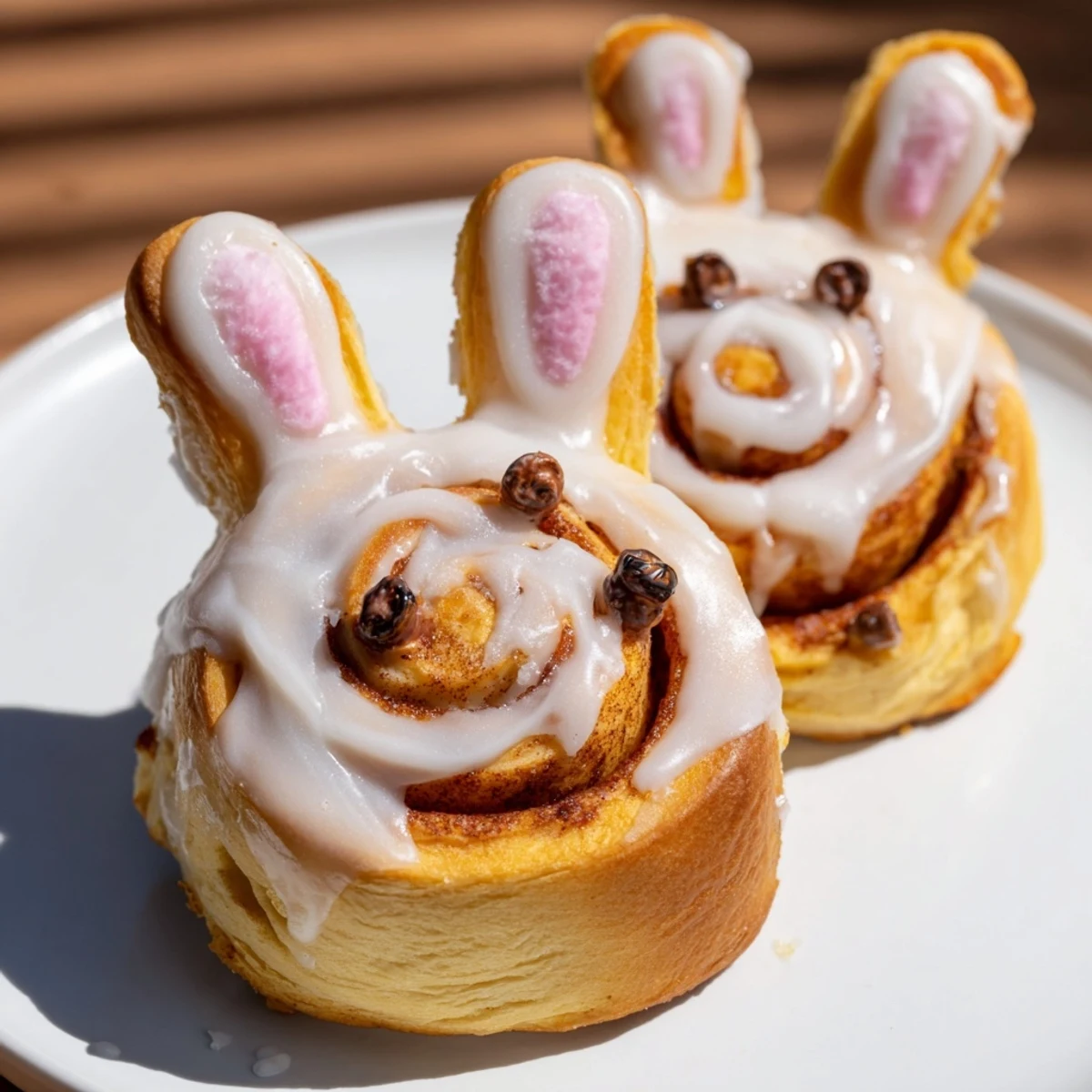 Warm cinnamon swirled Easter Bunny cinnamon rolls fresh from the oven with white glaze topping