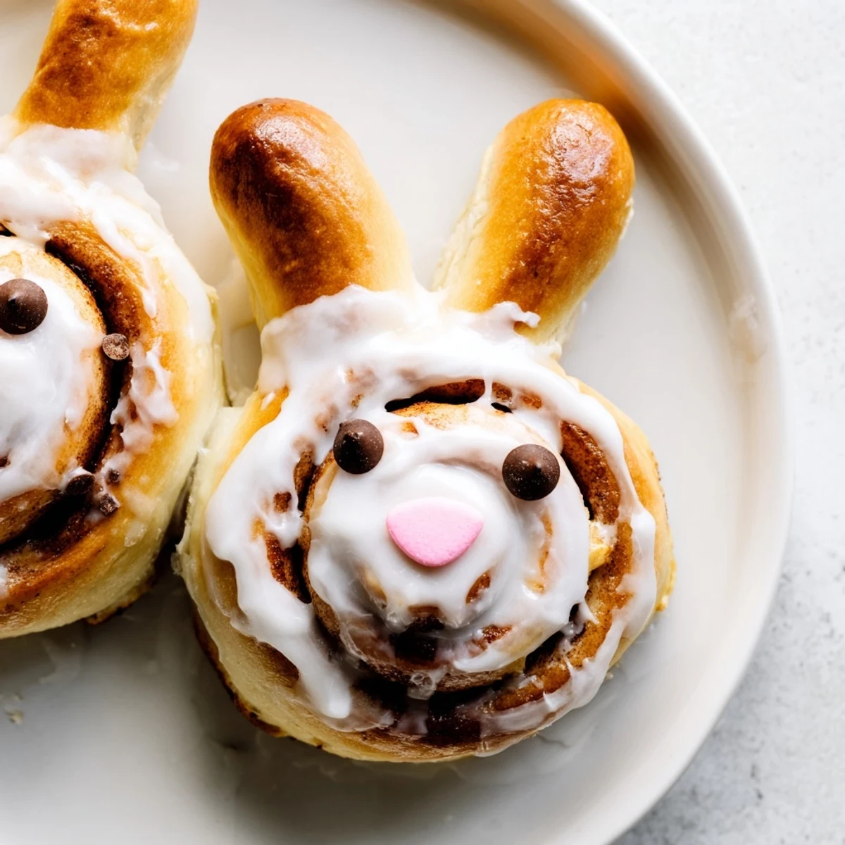 Fluffy homemade Easter Bunny cinnamon rolls decorated with chocolate chip eyes and pink sprinkle noses