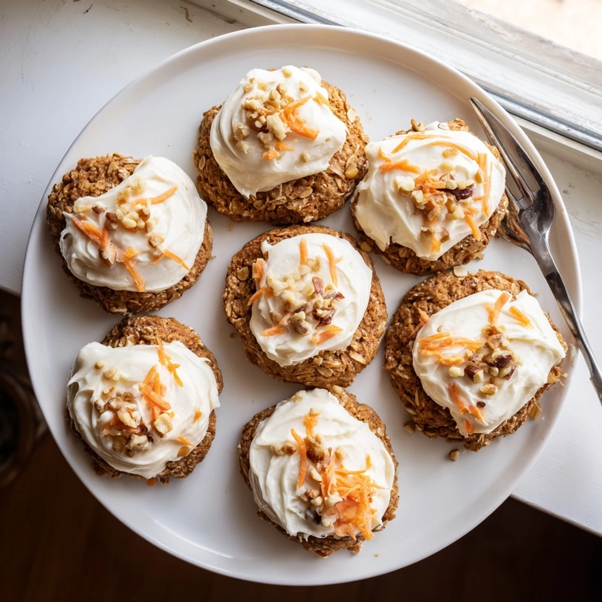Soft carrot cake cookies topped with creamy white frosting and sprinkle of walnuts