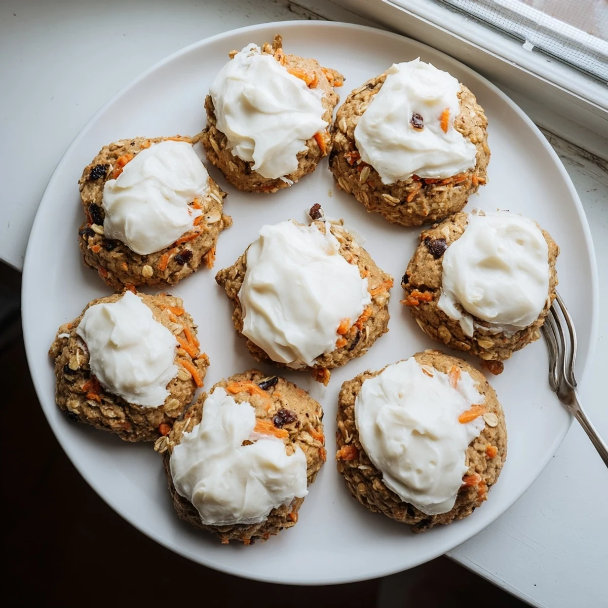 Freshly baked carrot cake cookies with grated carrot bits peeking through sweet frosting layer